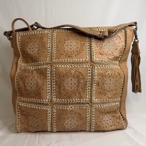 The Sak Boho Shoulder Bag Tan Woven Floral Design